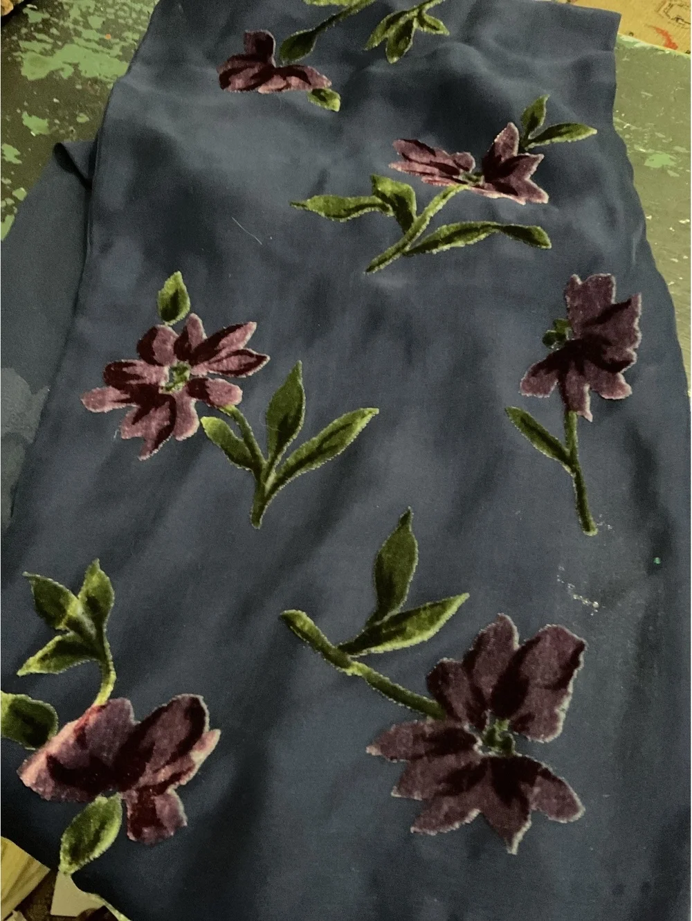 Echo Navy Blue Floral Velvet Applique Silk Scarf